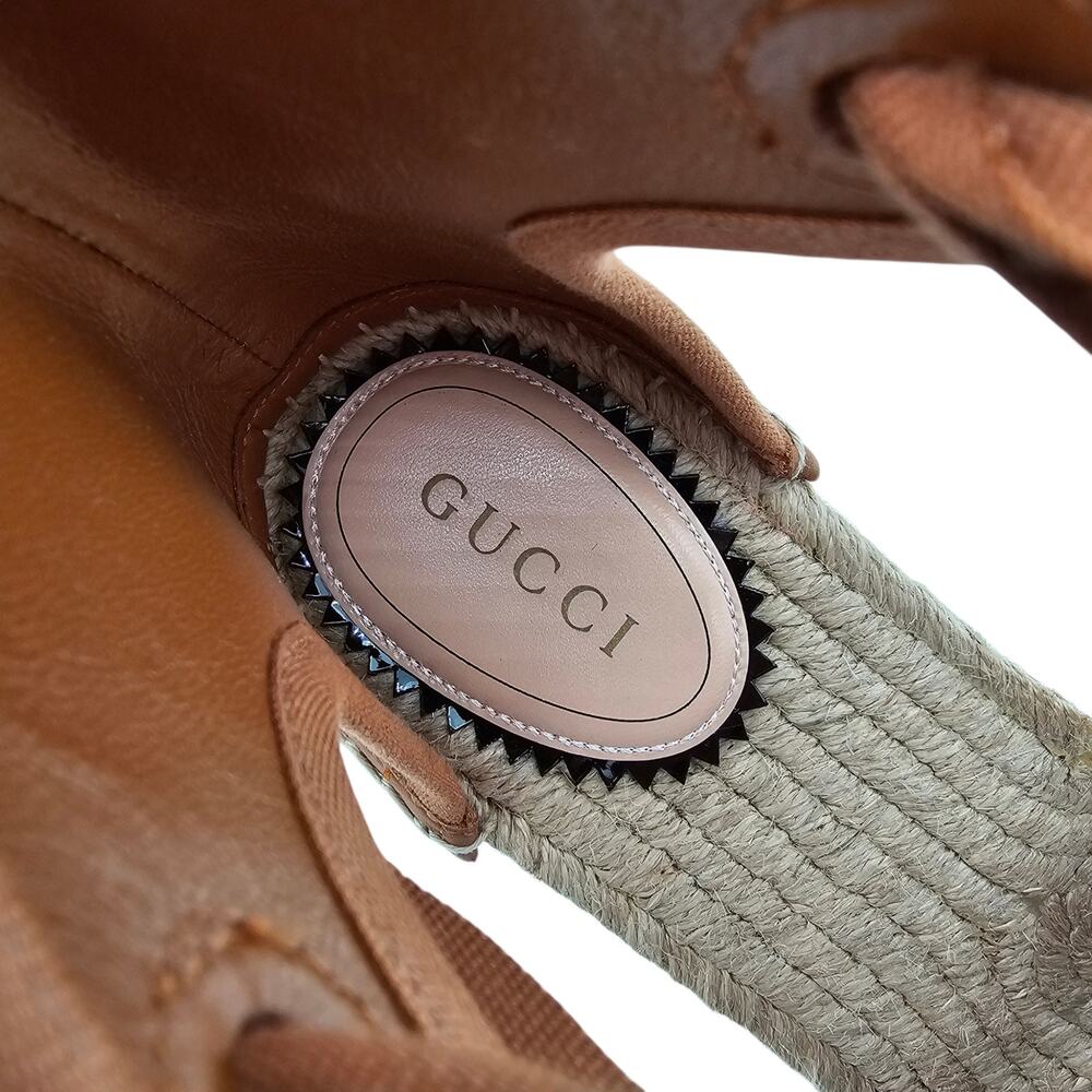 Gucci GG Espadrille Wedge Sandal Eyelet Canvas Ankle Tie Brown Size 37 US 7 - Picture 8 of 12